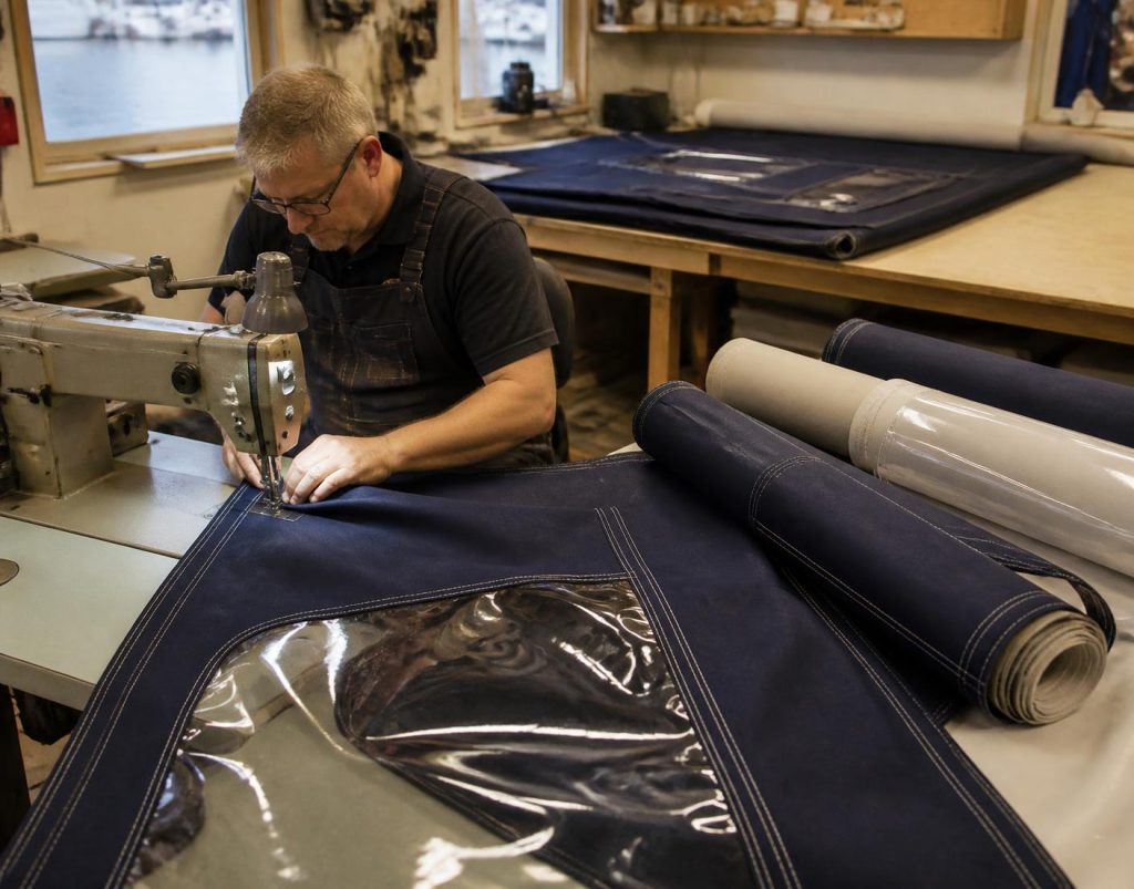 Kapellmakare syr ett båtkapell i Sunbrella med PVC-fönster i verkstaden på Hisingen